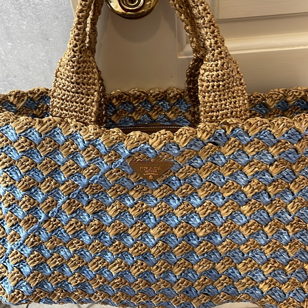 Prada Cielo Raffia Crochet Shopping Vacation Blue Tote Bag Rafia Resort - Picture 4 of 7